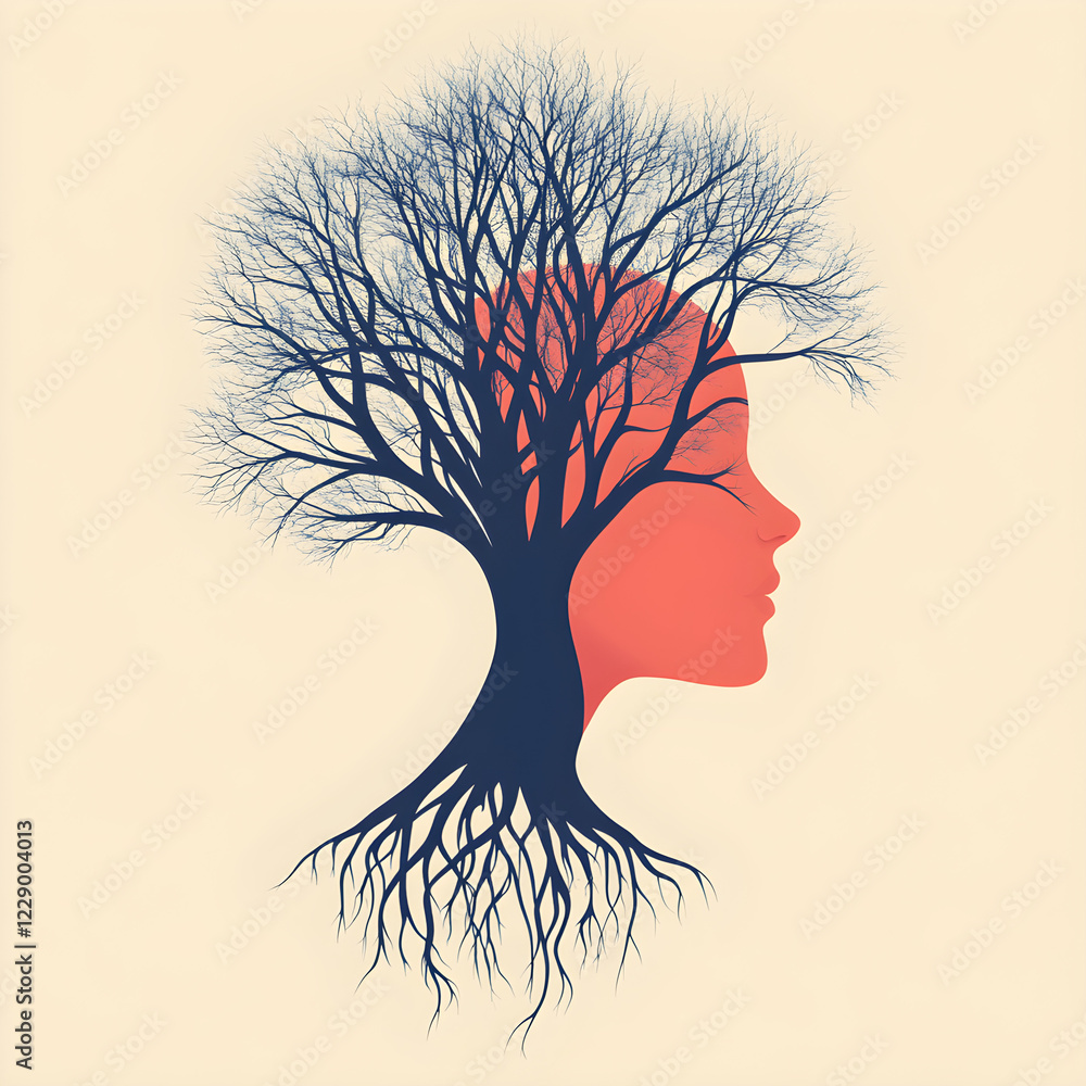 Poster a stylized tree with roots that subtly form the outline of a face, signifying the connection between