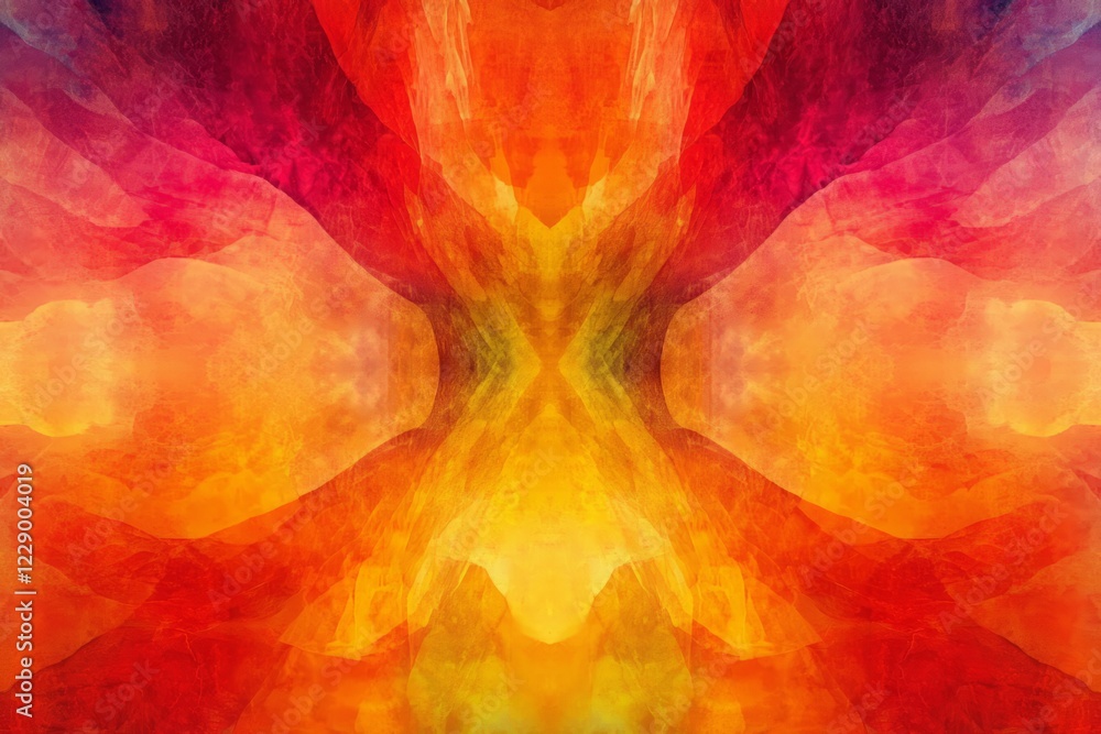 Poster a vivid abstract watercolor artwork featuring warm colors and symmetrical patterns, creating a dynam