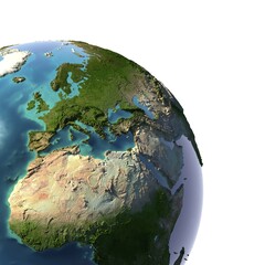 Fototapeta premium Earth with translucent water in the oceans and the detailed topography of the continents. A fragment of the Earth, with Europe and Africa. Isolated on white