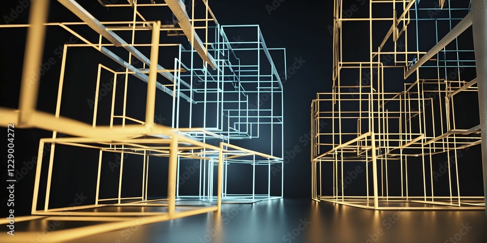 Poster 3d render of a cluster of interconnected geometric cubes forming a complex network, ai generated