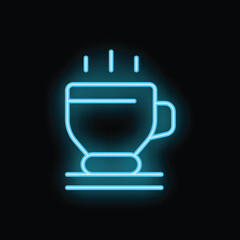 Blue neon sign of a steaming cup of coffee or tea on a coaster is glowing on a black background