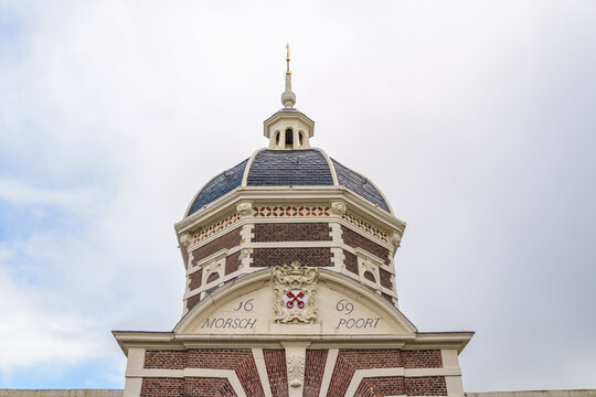 Dome of the historic Morspoort in the city of Leiden in The Netherlands with the famous keys on the coat of arms.