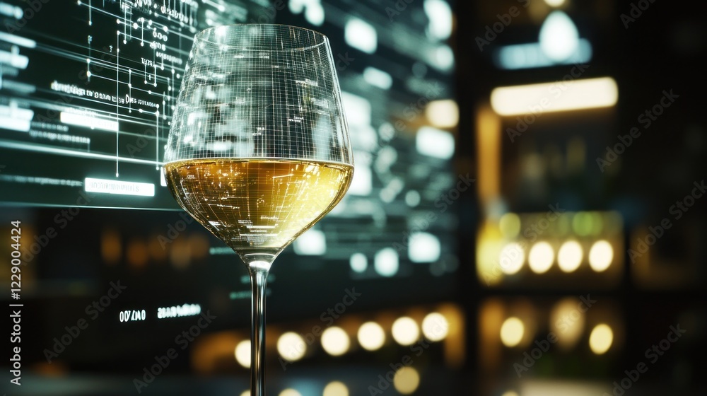 Poster glass of white wine on bar counter with digital display in background.