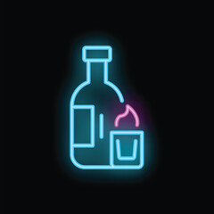 Neon sign of a bottle pouring a shot glass of alcohol, perfect for themes of nightlife or alcoholism