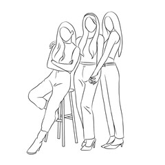 Line art of 3 women in a simple pose. vector illustration. 