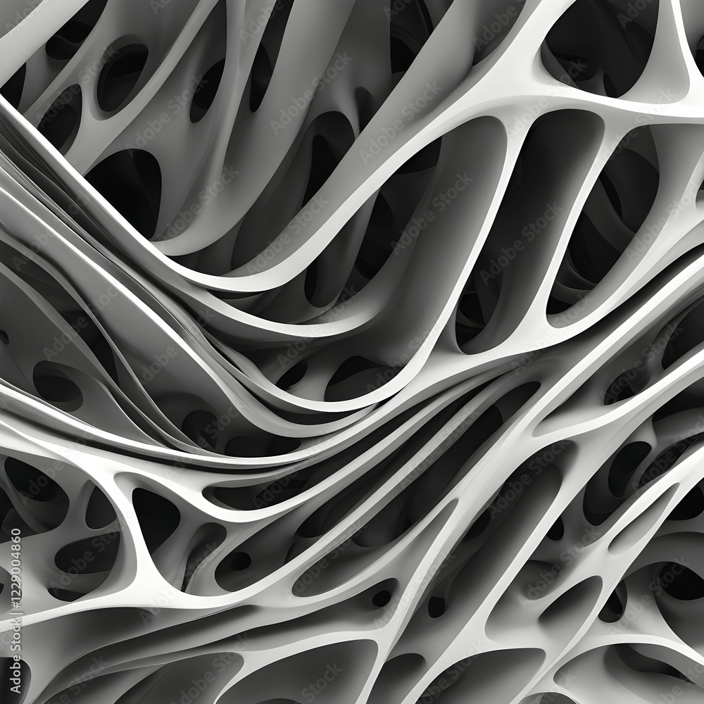 Poster abstract rendering of organic grid structure in a complex pattern in black and white, ai generated