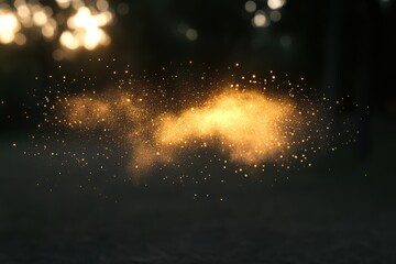 Obraz premium A glowing cloud of golden dust floats in the air, illuminated by soft light, creating a magical and ethereal atmosphere.