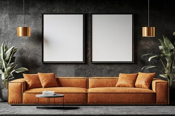 Modern Living Room with Leather Sofa and Blank Canvas Art