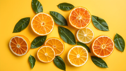 Different cut citrus fruits and leaves on yellow table, flat lay. Space for text, top view. Generative AI
