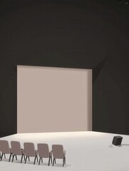 Minimalist stage setup with empty chairs and a blank screen.
