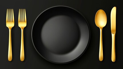 Elegant golden cutlery set on a black plate kitchen table food photography minimalist style top view dining concept