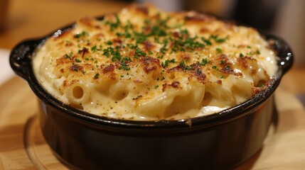 Creamy baked macaroni and cheese in a black cast iron dish, garnished with parsley.