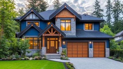 Luxury Blue House Exterior at Dusk 