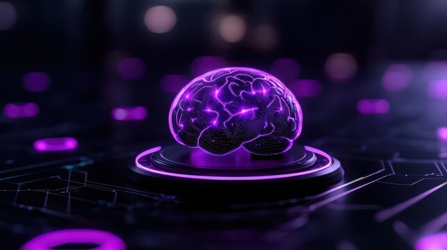 A luminous purple brain on a circuit board, symbolizing artificial intelligence and neural networks.