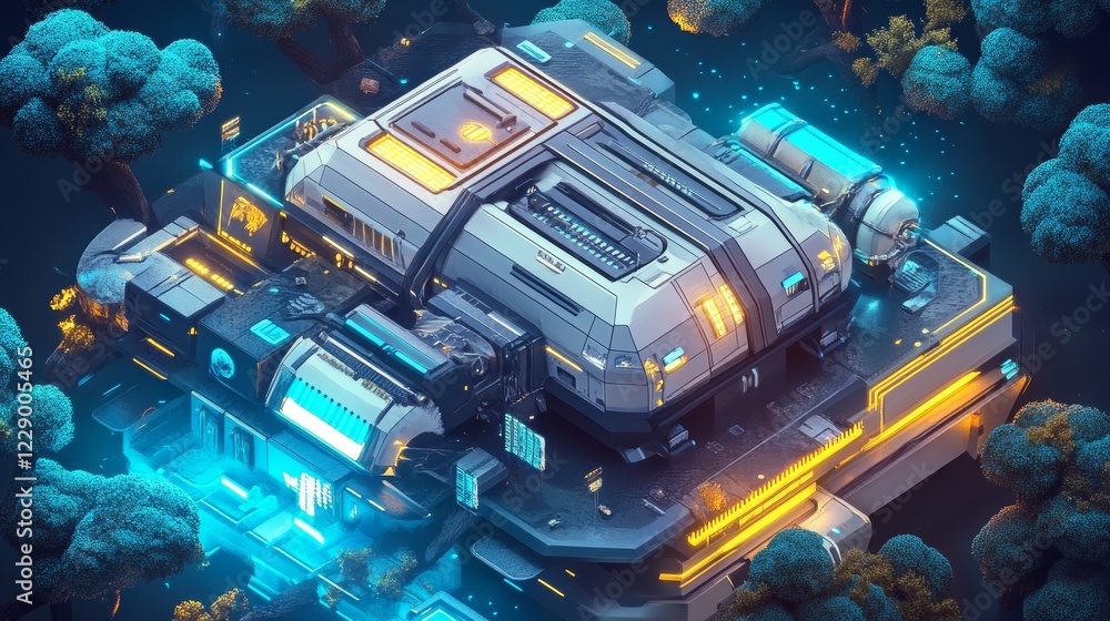Poster a futuristic cityscape with a large building in the center. the building is surrounded by trees and 