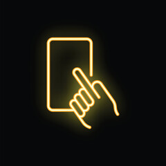 Neon sign of a hand tapping a smartphone screen on a black background