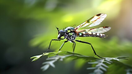 Close up of a tiger mosquito set against a blurred green foliage background, AI generated