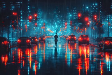 Fototapeta premium A lone figure stands in a vibrant, rain-soaked city street illuminated by colorful lights and traffic, creating a futuristic urban atmosphere.