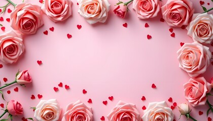 Frame Made Of Rose Flowers  Confetti On Pink background
