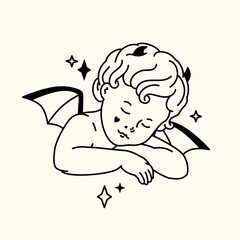 Charming line art illustration of a dreaming baby devil with small horns, bat wings, surrounded by stars. Perfect for tattoo, as cutting design or engraving. Minimalist silhouette, romantic gothic art