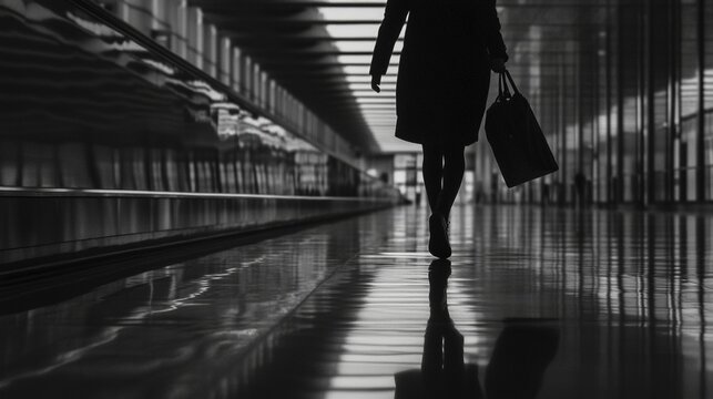 The silhouetted figure of a woman walks through a corridor, her reflection adding an element of elegance, AI generated
