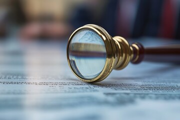 magnifying glass close up on a document.  the glass is focused on the page, with the rest of the document and background out of focus 