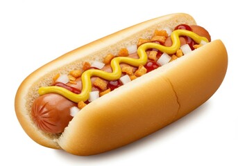 A delicious hot dog in a bun, topped with mustard, ketchup, diced onions and crispy bits isolated on a white background