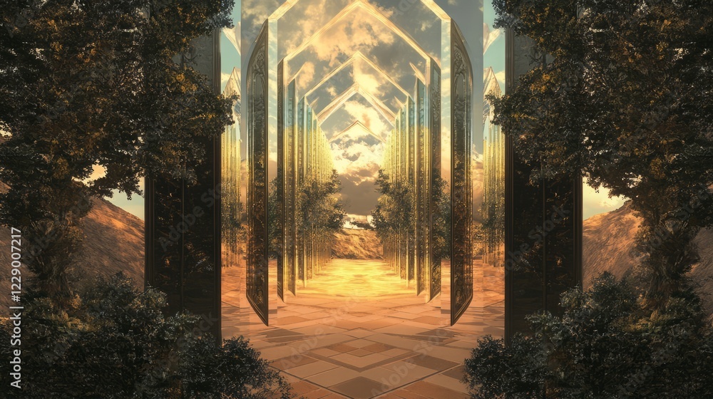 Poster forest with a path leading through it. the path is lined with trees and the sky is cloudy