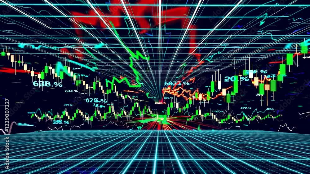 Poster An immersive VR setting showcasing stock market chart lines rising and falling in a holographic grid, surrounded by glowing numbers and floating financial symbols.
