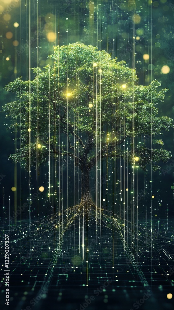 Poster harmonious fusion of technology and nature in a digitally illuminated tree