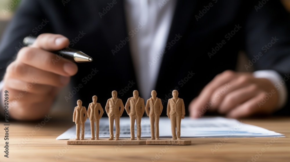 Poster a person holds a pen, analyzing a document with six miniature figures representing team members or e