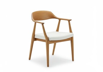 A stylish modern wooden chair with curved armrests and a white cushioned seat isolated on a white background