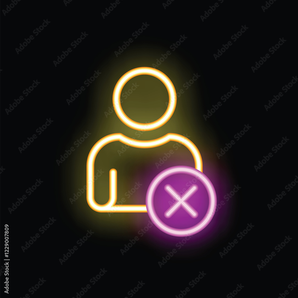 Poster neon icon of person rejected with a cross mark symbol glowing on a dark background
