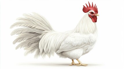 Fototapeta premium Majestic White Rooster with Full Fluffy Tail Isolated on White Background