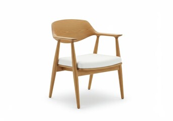 Fototapeta premium A stylish modern wooden chair with curved armrests and a white cushioned seat isolated on a white background