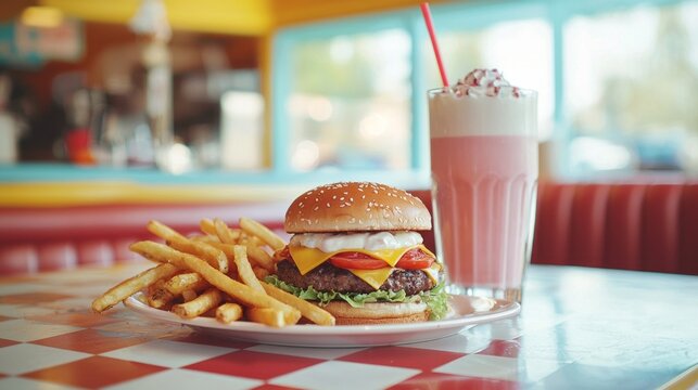 Savor the mouthwatering combination of a classic American burger topped with cheese and fresh veggies, served with golden fries and a creamy milkshake in a nostalgic diner atmosphere