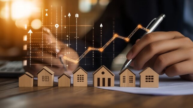 A person analyzes real estate trends while examining miniature houses and charts, emphasizing market growth and investment opportunities.
