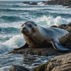 Obraz premium A seal lounging on a rocky coastline with crashing waves in the background.
