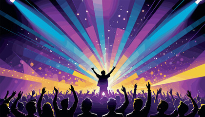 Vibrant Concert Crowd with Colorful Stage Lights