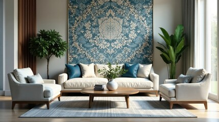 Serene Living Room Decor with Elegant Sofa, Armchairs, and Intricate Wall Art