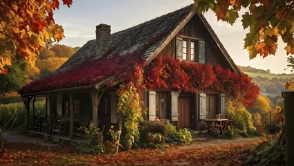 Rustic vineyard cottage nestled in a canopy of vines leaves showcasing autumns color palette in the golden hour, AI generated