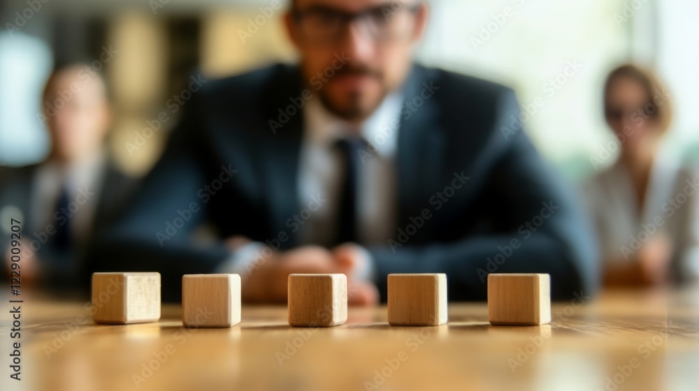 Poster a focused shot of a man in a suit with blurred colleagues in the background, observing wooden blocks