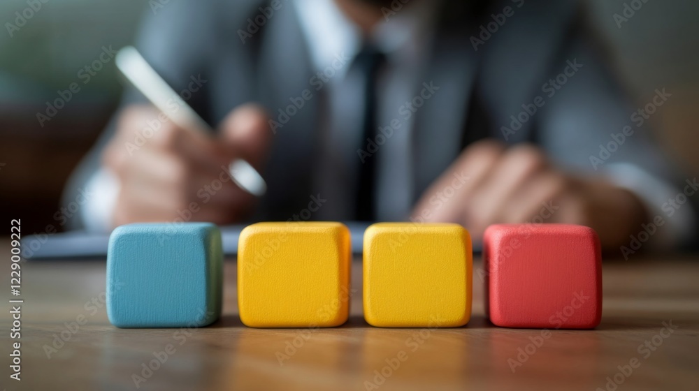 Aufkleber a focused businessman writes notes while colorful blocks are arranged in front, symbolizing organiza