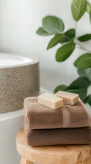 Minimalist bathroom featuring Mocha Mousse towels and natural soap bars for a serene and spa-like atmosphere