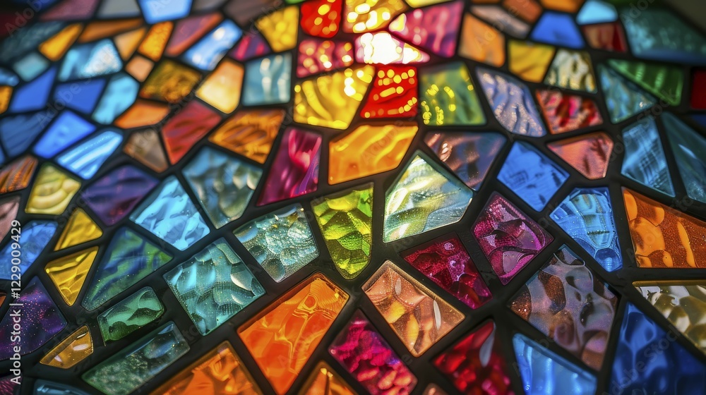 Poster a fragmented stained glass mosaic with vibrant colors and textures, creating an abstract and dynamic
