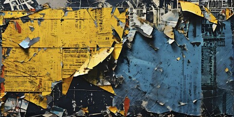 Vintage style collage featuring textured grunge posters in hues of black, blue and yellow, AI generated