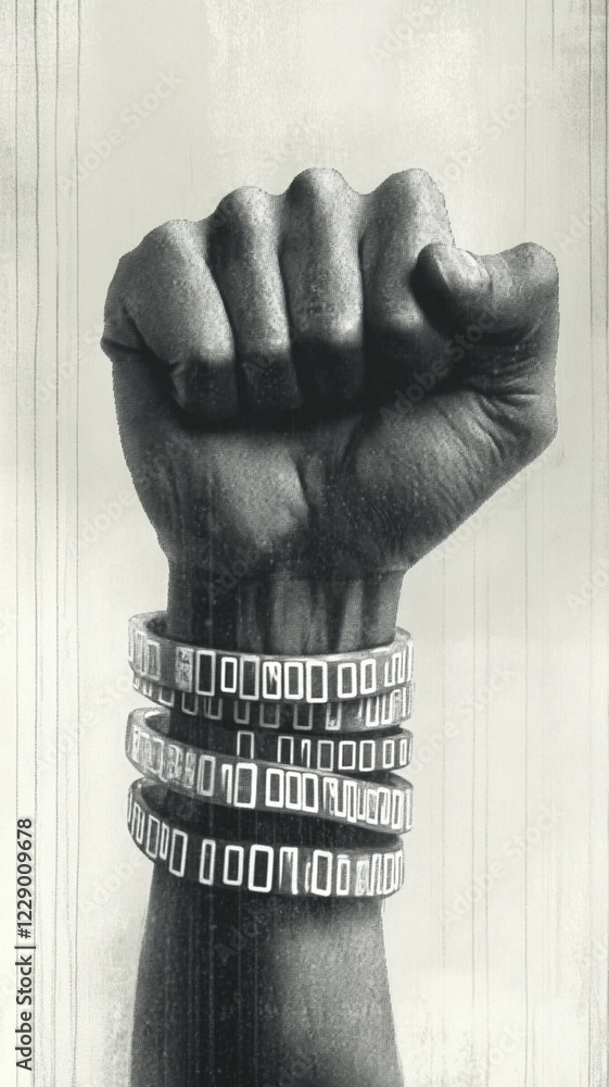 Aufkleber black and white fist with binary code and chains, representing digital resistance and power, ai gene