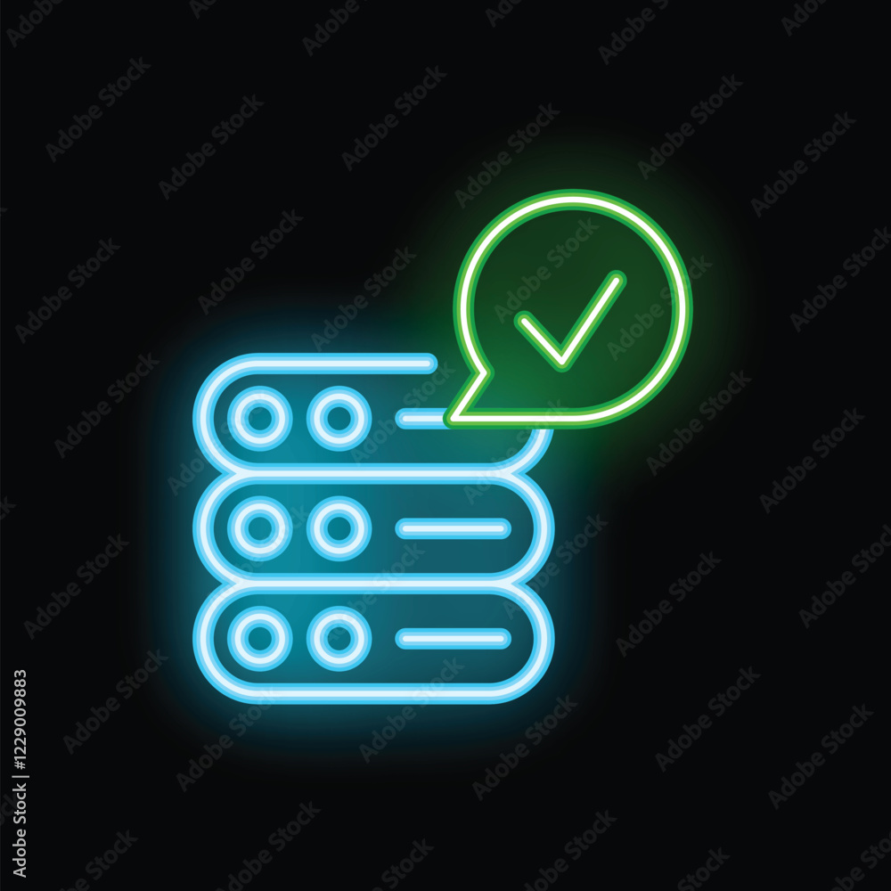 Poster glowing neon icon of a computer server with a confirmation symbol, representing secure and reliable 
