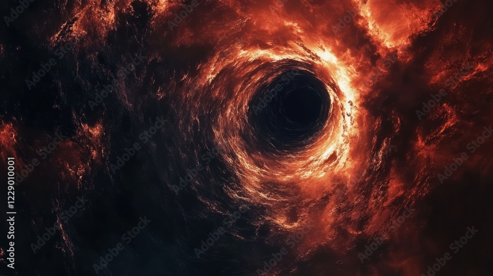 Poster a mesmerizing view of a fiery vortex in space, showcasing swirling red and orange clouds in a cosmic