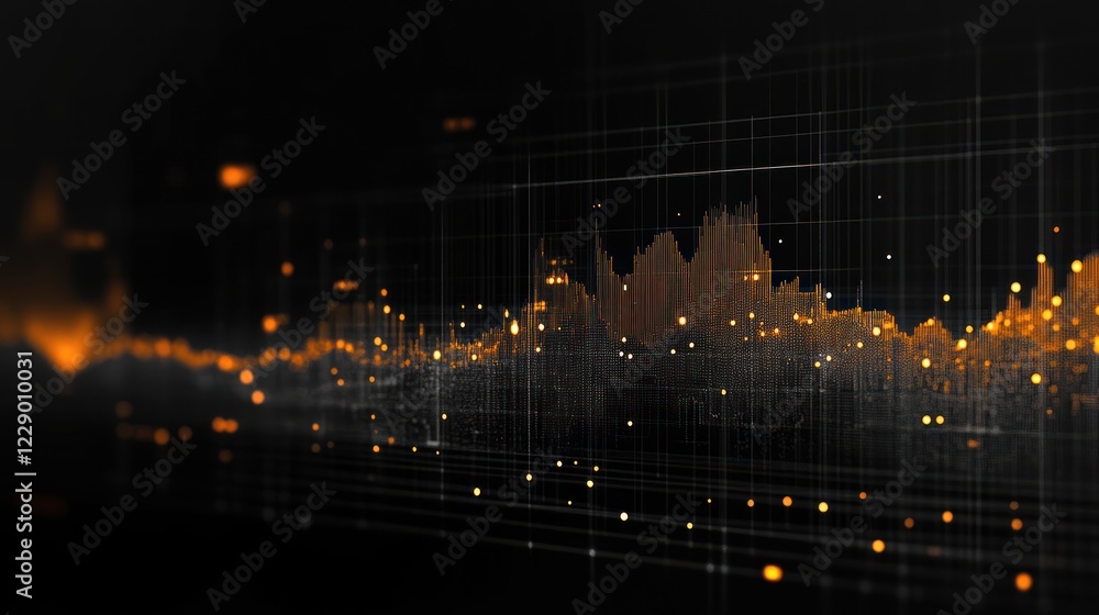 Poster abstract glowing orange data visualization graph on dark background.